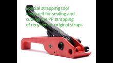 Carregar e reproduzir vídeo no visualizador da galeria, PP Strapping tool with tensioner and sealer for recycled PP straps
